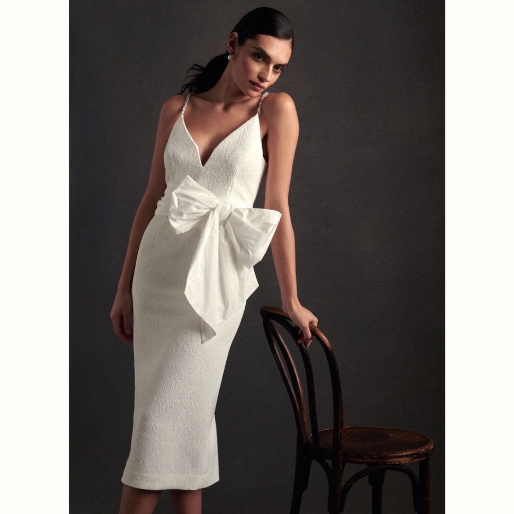 Anthropologie Rebecca Vallance Genevieve Bow V-Neck Sheath Midi